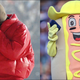 On left: Kanye West in a red jacket. On right: A hot dog mascot